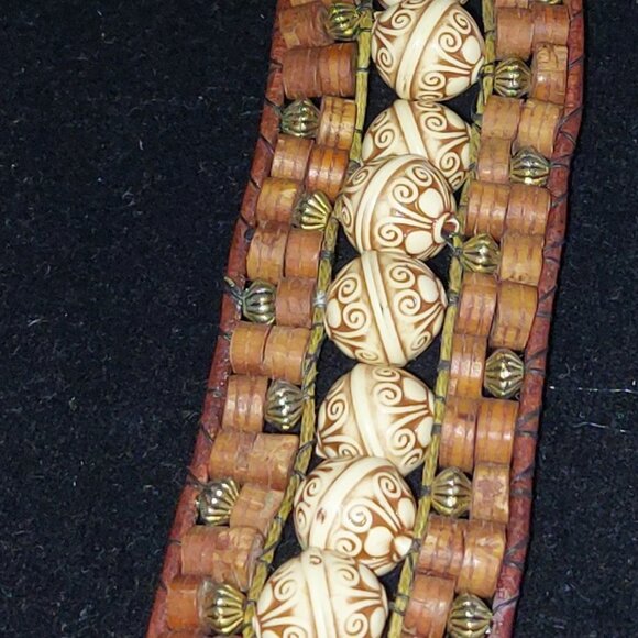 Leather bound Wrap bracelet from wooden and plastic beads with button closure - Picture 1 of 2